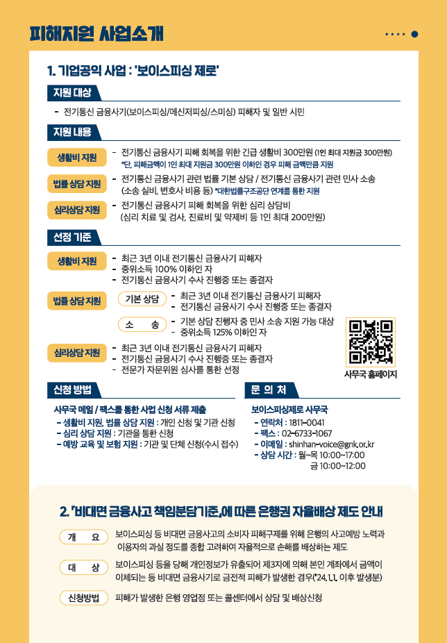 보이스피싱 이렇게 대응하세요! : 피해지원 사업소개 이미지 - 자세한 내용은 아래 참고