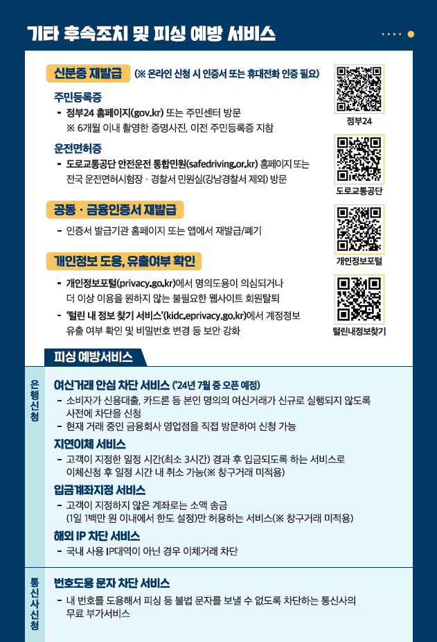 보이스피싱 이렇게 대응하세요! : 기타 후속조치 및 피싱 예방 서비스 이미지 - 자세한 내용은 아래 참고